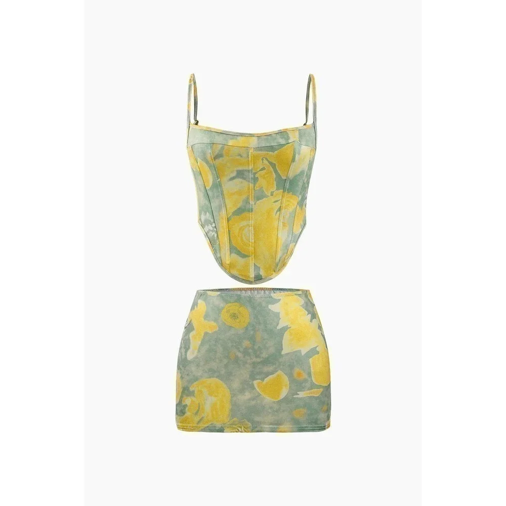 Corset and Cami Top And Mini Skirt Set Yellow Abstract Floral Print - Picture 1 of 5